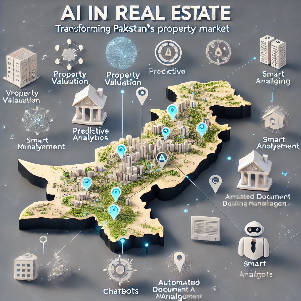 "Map of Pakistan with icons representing AI solutions in real estate, including property valuation, predictive analytics, smart building management, automated document analysis, and chatbots, highlighting the impact of AI in Pakistan's real estate sector."